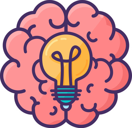 Electric incandescent lamp inside Hemispheres of human brain with convolutions. Brainstorming, sudden idea and thought process. Flat symbol with stroke isolated on white vectorのイラスト素材