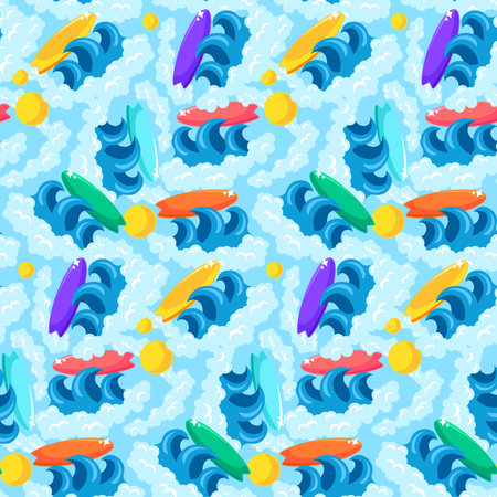 Surfing Adventure paradise island seamless pattern with sea waves and boards. Ornament for printing on fabric textile, cover and packaging. Vector isolated on white backgroundのイラスト素材