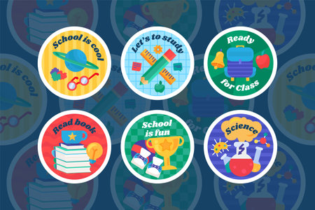 Festive round sticker decal with school subjects. Astronomy, mathematics, physical education, literature and chemistry, September 1 and title inscription. Festive badge emblem. color vector collectionのイラスト素材