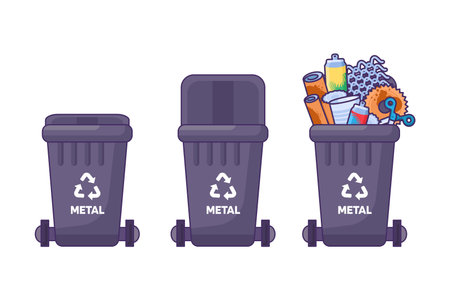 Set of containers with lid for storing, recycling and sorting used household Metal iron waste. Closed empty and filled trash can with recycle sign. Simple cartoon outline vector isolated on whiteのイラスト素材