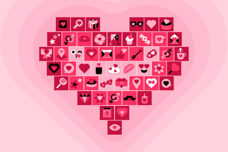 Heart shaped collage stacked of square pink icons with symbols and signs of love holiday valentines day. Wedding couple anniversary card and invitation design element. Simple flat vector on pink backのイラスト素材