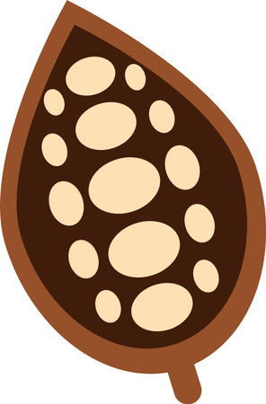 Halved Cocoa tree fruit. Harvesting cocoa beans for processing of coffee, cocoa and coffee drinks. Simple colored flat vector icon isolated on white backgroundのイラスト素材