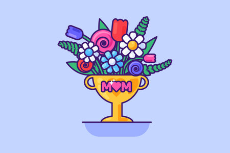 Golden cup for best mother filled with fragrant wildflowers and sweets. Flower prize for best mom in the world. Design of Mothers Day festive illustration. Vector thick stroke on lilac backgroundのイラスト素材