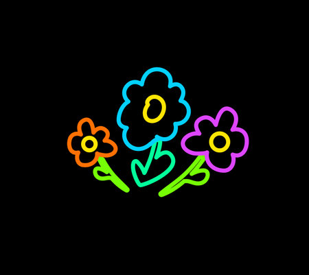 Declarative hand drawn bouquet of fresh spring flowers with neon bright felt tip pens on dark black backdrop. Party icon for design of card or invitation. Doodle hand drawn illuminated vector on blackのイラスト素材