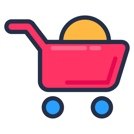 Shopping trolley on wheels filled with purchases. Delivery transportation and ordering goods in online stores. Additional service for buyer. Simple cartoon outline vector isolated on white backgroundのイラスト素材