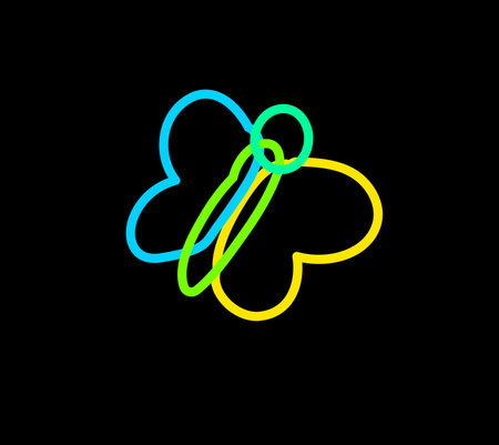 Declarative hand drawn summer butterfly moth with neon bright felt tip pens on dark black backdrop. Party icon for design of card or invitation. Doodle hand drawn illuminated vector on blackのイラスト素材