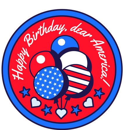 Festive round sticker decal with Balloons garland in colors of American flag. United States July 4th Independence Day holiday festive inscription badge emblem. Color vector isolated on white backのイラスト素材