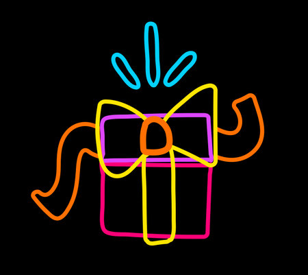 Declarative hand drawn gift box surprise tied with bow with neon bright felt tip pens on dark black backdrop. Party icon for design of card or invitation. Doodle hand drawn illuminated vector on blackのイラスト素材