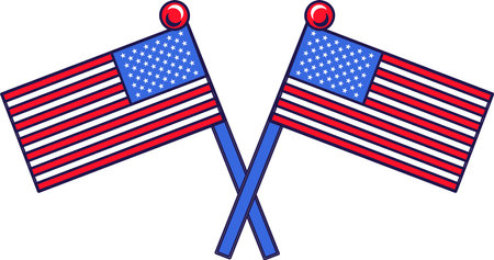 Crossed souvenir flags of United States of America on flagpole for solemn event, meeting foreign guests. National starry striped country symbol. Color vector isolated on white backgroundのイラスト素材