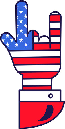 Goat hand gesture, rock musical concert gesture. Festive element, attributes of July 4th American Independence Day. Cartoon vector icon in national colors of US flag isolated on white backgroundのイラスト素材