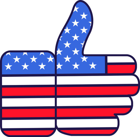 Like hand gesture of approval and great holiday mood. Festive element, attributes of July 4th American Independence Day. Cartoon vector icon in national colors of US flag isolated on white backgroundのイラスト素材
