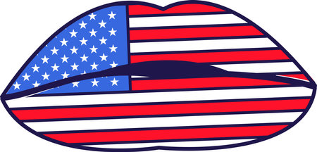Passionate parted lips of young girl in kiss. Festive element, attributes of July 4th American Independence Day. Cartoon vector icon in national colors of US flag isolated on white backgroundのイラスト素材