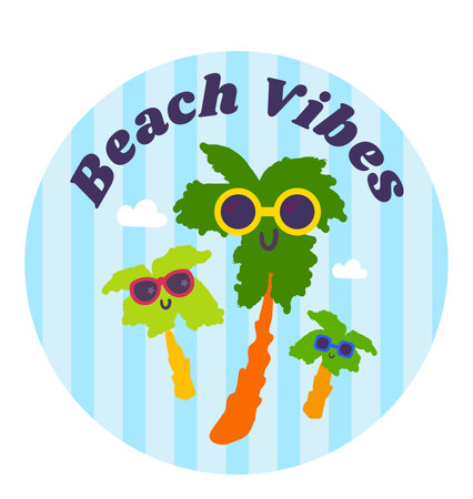 Festive round sticker with cheerful palm trees characters wearing sunglasses at striped blue sky and Beach Vibes inscription. Holiday badge emblem. Color vector isolated on white backgroundのイラスト素材