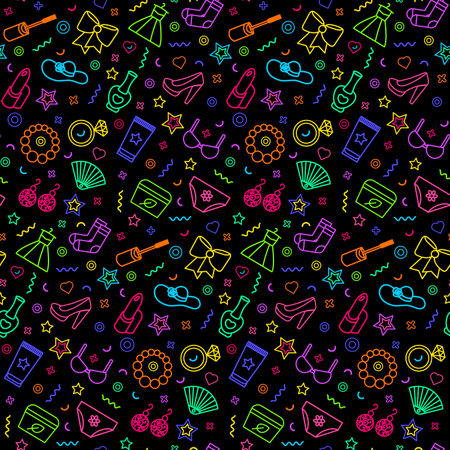 Neon beauty seamless pattern. Bijouterie, cosmetics, fashion and jewelry items. Cloth, underwear, cosmetics. Ornament for printing on fabric, cover and packaging. Color line vector isolated on blackのイラスト素材