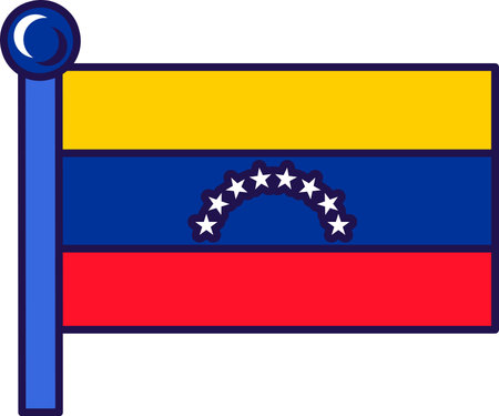 Venezuela country nation flag on flagpole vector. Horizontal tricolor of yellow, blue and wed with arc of stars on bolivian republic patriotic symbol of independence flat cartoon illustrationのイラスト素材