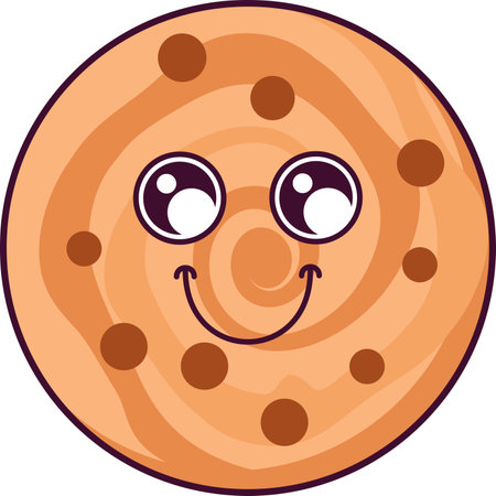 Sweet chocolate chip cookie smiling character. Cheerful mascot of children holiday and tea party. Simple colored flat vector icon isolated on white backgroundのイラスト素材