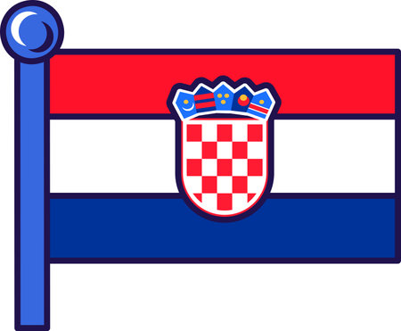 Croatia republic nation flag on flagpole vector. Horizontal band red, white and blue color with national shield emblem on center. Tricolor symbol of country independence flat cartoon illustrationのイラスト素材