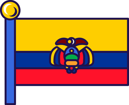 Ecuador country nation flag on flagpole vector. Horizontal tricolor of yellow, blue and red with national coat of arms superimposed at center. traditional symbol flat cartoon illustrationのイラスト素材