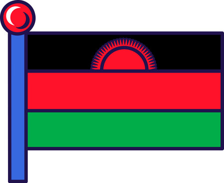 Malawi republic nation flag on flagpole vector. Horizontal triband of green, red and rising sun on black stripe. African country symbol of independence and patriotism flat cartoon illustrationのイラスト素材