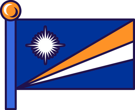 Marshall islands nation flag on flagpole vector. Blue field with star and two diagonal stripes of orange and white color on patriotic emblem symbol of country flat cartoon illustrationのイラスト素材