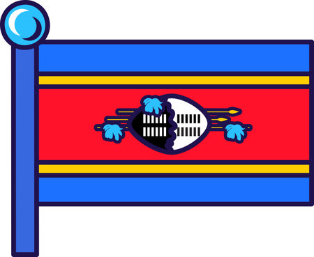 Swaziland country nation flag on flagpole vector. Horizontal triband of blue, red and yellow with black and white nguni shield covering spears and staff. Kingdom of eswatini flat cartoon illustrationのイラスト素材