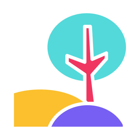 Tall tree with wide crown on hill is a noticeable landmark on traveler route. Designation on map of conditional meeting point for tourist groups. Simple colored flat vector icon isolatedのイラスト素材