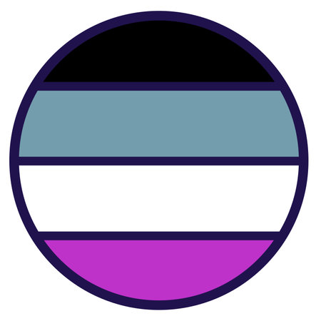 Round sticker decal in colors of LGBT pride flag. Festive circle element, attribute of Asexual pride. Cartoon vector icon in colors of LGBT community flag isolated on white backgroundのイラスト素材