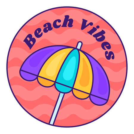 Festive round sticker decal with striped beach umbrella by sea and Beach Vibes inscription. Holiday badge emblem. Color vector isolated on white backgroundのイラスト素材