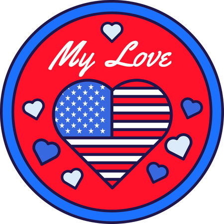 Festive round sticker decal with Patriot Heart in colors of American flag. United States July 4th Independence Day holiday festive inscription badge emblem. Color vector isolated on white backgroundのイラスト素材