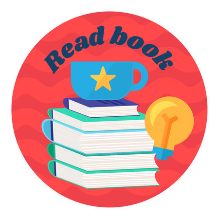 Festive round sticker decal with stack of books and school textbooks, mug of invigorating coffee and Read Book inscription. Holiday badge emblem. Color vector isolated on white backgroundのイラスト素材