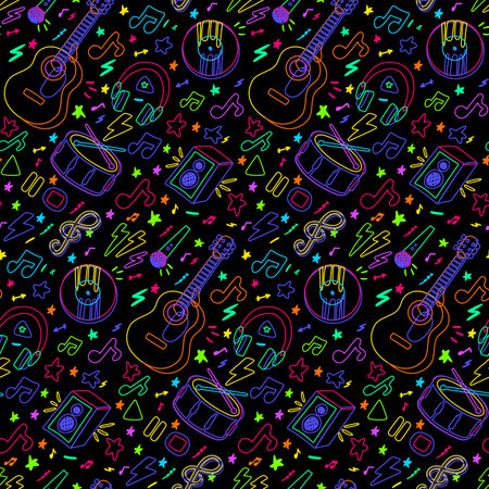 Musical instrumental concert neon seamless pattern with rock and classic musical instruments. Ornament for printing on fabric, cover and packaging. Vector isolated on black backgroundのイラスト素材