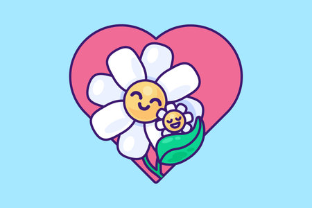Happy flower chamomile mom gently hugs baby on back of pink heart. Symbol emblem for design decoration of Mothers Day festive banner, kindergarten or parents school. Vector thick stroke on blueのイラスト素材