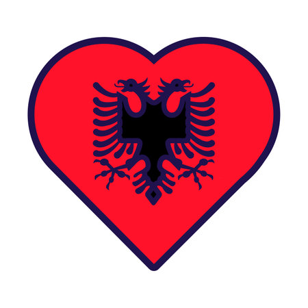 Patriot heart in national Albania flag colors. Festive element, attributes of Albania Independence Day. Cartoon vector icon in national colors of country flag isolated on white backgroundのイラスト素材