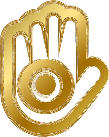 Traditional religious mystical Jainism talisman amulet. Spiritual symbol in golden gradient grunge style. Secret sacred vector sign isolated on white background for decorationのイラスト素材