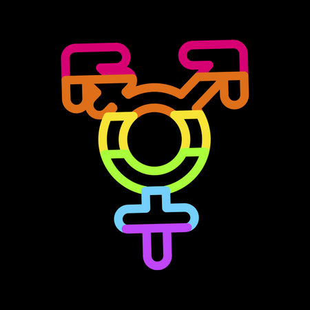 Rainbow Gender Transgender sign with neon bright felt tip pens on dark black backdrop. LGBT party icon for design of card or invitation. Illuminated vector symbol isolated on black backgroundのイラスト素材