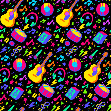 Musical concert instruments neon seamless pattern with guitar, drum and music notes. Ornament for printing on fabric, cover and packaging. Illuminated vector isolated on black backgroundのイラスト素材