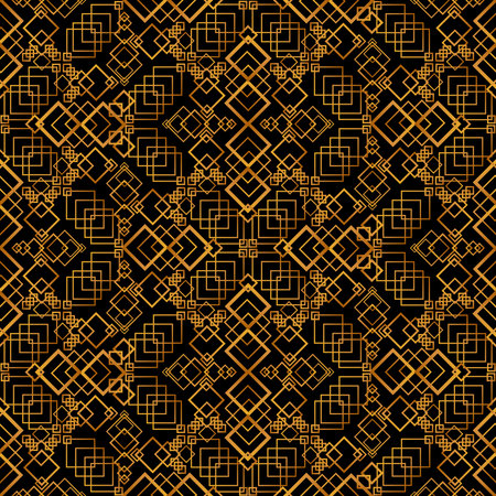 Gold geometric line seamless pattern with simple linear geometric shapes squares and rhombuses in golden gradient. Ornament for printing on fabric, cover and packaging. Vector isolated on black backのイラスト素材