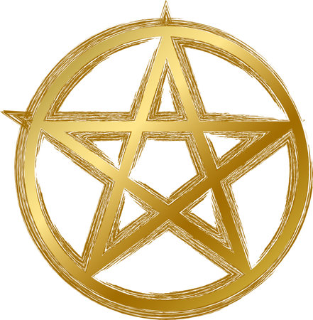 Traditional religious mystical Wicca pentagram talisman amulet. Spiritual symbol in golden gradient grunge style. Secret sacred vector sign isolated on white background for decorationのイラスト素材