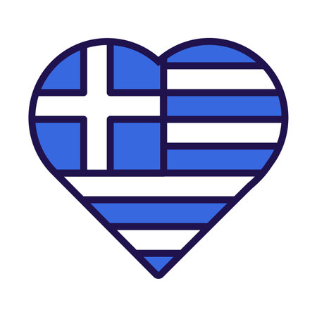 Patriot heart in national Greece flag colors. Festive element, attributes of Greece Independence Day. Cartoon vector icon in national colors of country flag isolated on white backgroundのイラスト素材
