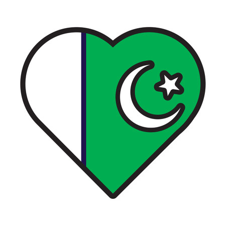 Patriot heart in national Pakistan flag colors. Festive element, attributes of Pakistan Independence Day. Cartoon vector icon in national colors of country flag isolated on white backgroundのイラスト素材