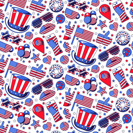 Seamless 4th July Independence Day pattern with festive elements of American holiday, presidential election, political party. Vector in colors of US flag. Star striped balloons, girl lips, beer glassのイラスト素材