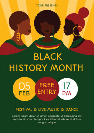 Black history month festival holiday banner vector. Afro american girl wearing national decoration on stylish and elegant poster. Festive ethnic day invitation on celebration flat illustrationのイラスト素材