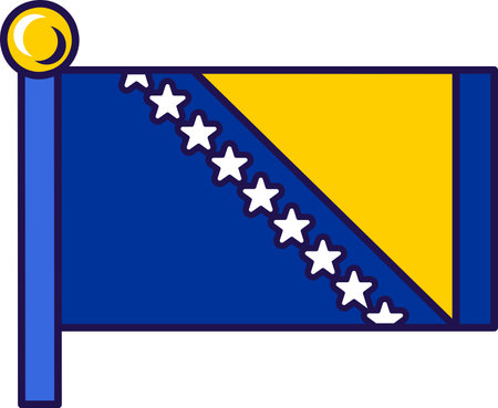 Bosnia and herzegovina flag on flagstaff vector. Stars on blue and yellow color of national, official and patriotic symbol of freedom. Territory traditional insignia flat cartoon illustrationのイラスト素材