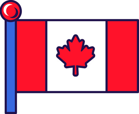 Canada country nation flag on flagstaff vector. Maple leaf on white background and red stripes on national and patriotic symbol of freedom. Territory traditional insignia flat cartoon illustrationのイラスト素材