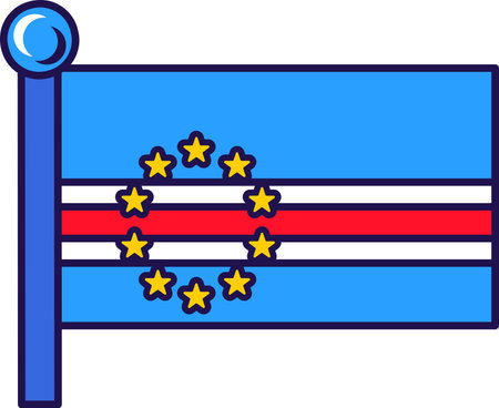 Cape verde republic land flag on flagstaff vector. Star and multicolor stripes on national, official and patriotic symbol of freedom. Independence symbolic flat cartoon illustrationのイラスト素材