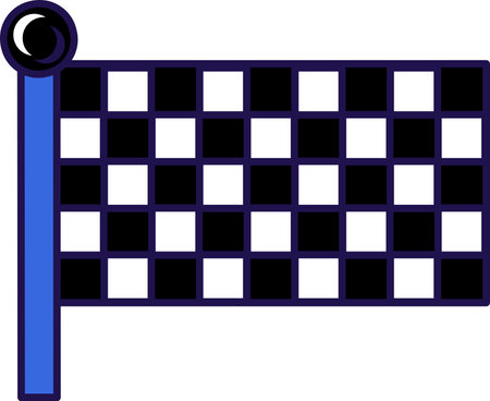 Flags of checkered black and white sport finish flag on flagpole solemn event. Flag of checkered black and white finish flag on flagstaff. Color vector isolated on white backgroundのイラスト素材