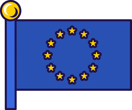 European union official flag on flagstaff vector. Council of Europe symbol of countries members. Circle of golden stars on blue pole, traditional insignia flat cartoon illustrationのイラスト素材
