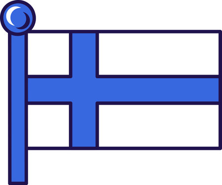 Finland european country flag on flagstaff vector. Blue cross on white field on nation, official and patriot symbol of independence. Territory traditional insignia flat cartoon illustrationのイラスト素材