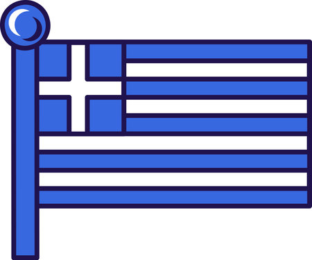 Greece country national flag on flagstaff vector. Hellenic republic official and patriotic symbol of freedom. Cross and horizontal white and blue stripes on insignia flat cartoon illustrationのイラスト素材