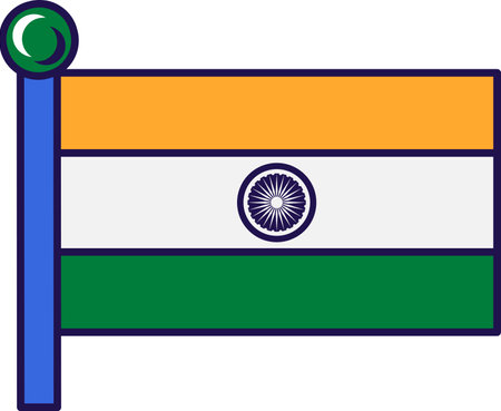 India country officially flag on flagstaff vector. Horizontal triband of indian saffron, white and green, blue navy wheel on white field. Territory traditional insignia flat cartoon illustrationのイラスト素材
